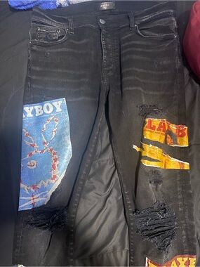 AMIRI Black Skinny Jeans with Blue and Yellow Graphic Patches